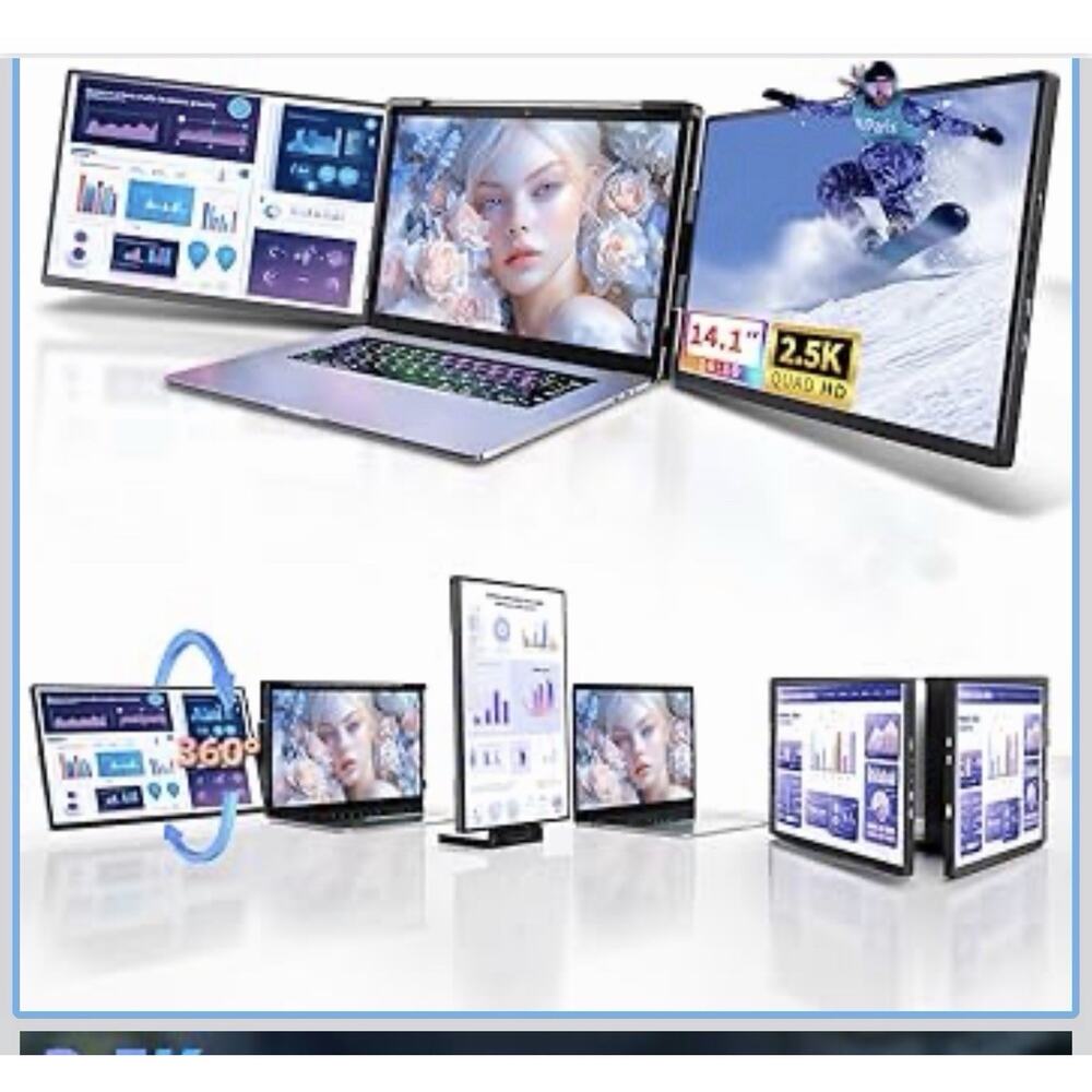 Triple Laptop Screen Extender Monitor Portable 2.5K Matte Black 13-17.3” 14.1”